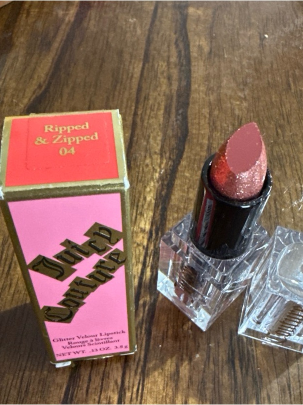 Juicy Couture Ripped & Zipped 04 Glitter Velvet Lipstick - Shimmering Pink-Red